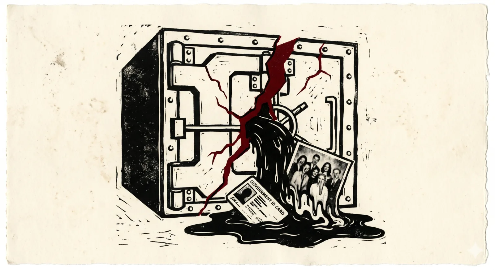 A government ID and photograph spilling from a cracked server vault.